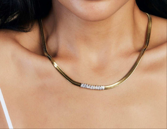 Herringbone Flat Snake Necklace with White or Green Zircon