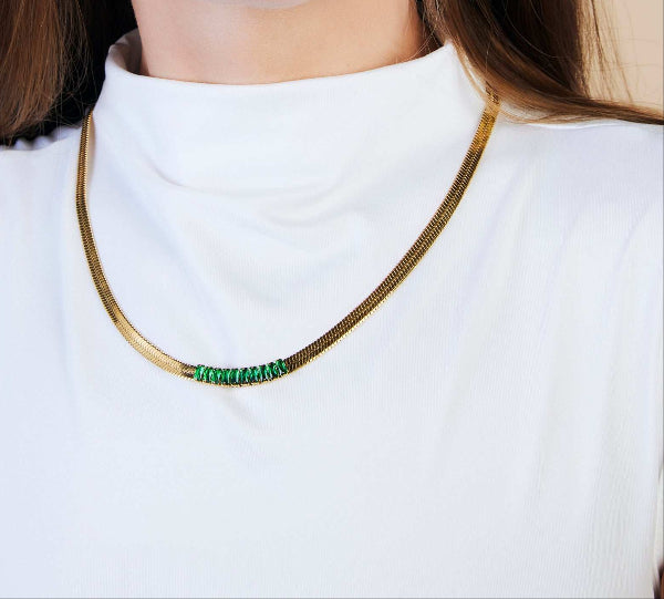 Herringbone Flat Snake Necklace with White or Green Zircon