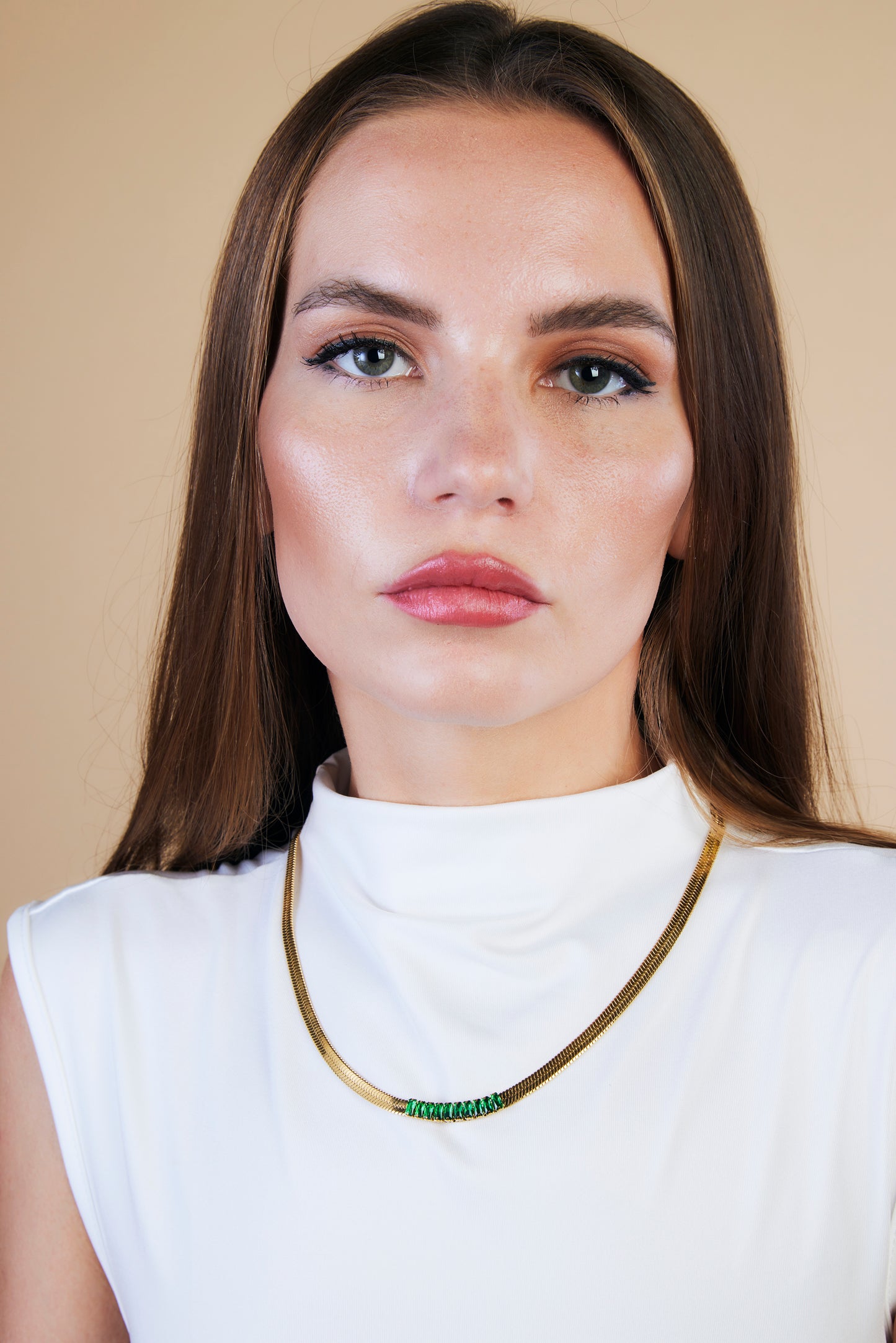 Herringbone Flat Snake Necklace with White or Green Zircon