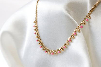 barbie pink drip closeup , dainty, gold plated, hypoallergenic, water proof 