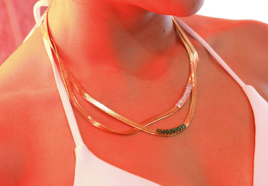 Herringbone Flat Snake Necklace with White or Green Zircon