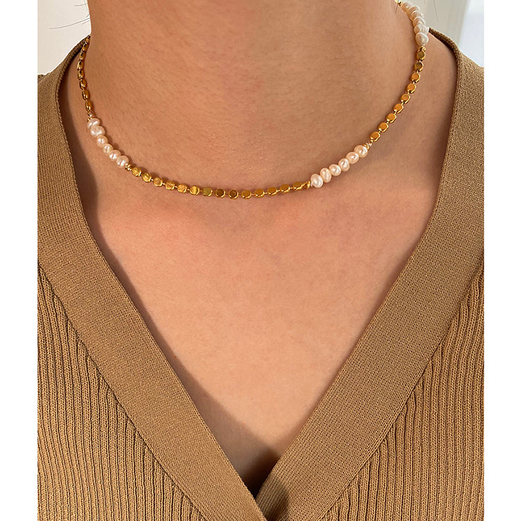 Freshwater Pearl Necklace with Flat bead Gold plated