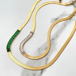 Herringbone Flat Snake Necklace with White or Green Zircon