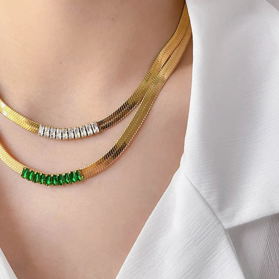 Herringbone Flat Snake Necklace with White or Green Zircon