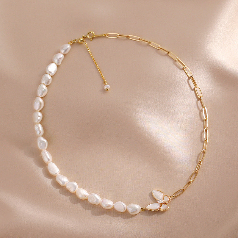 Half Pearl Half Chain Necklace