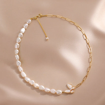 Half Pearl Half Chain Necklace