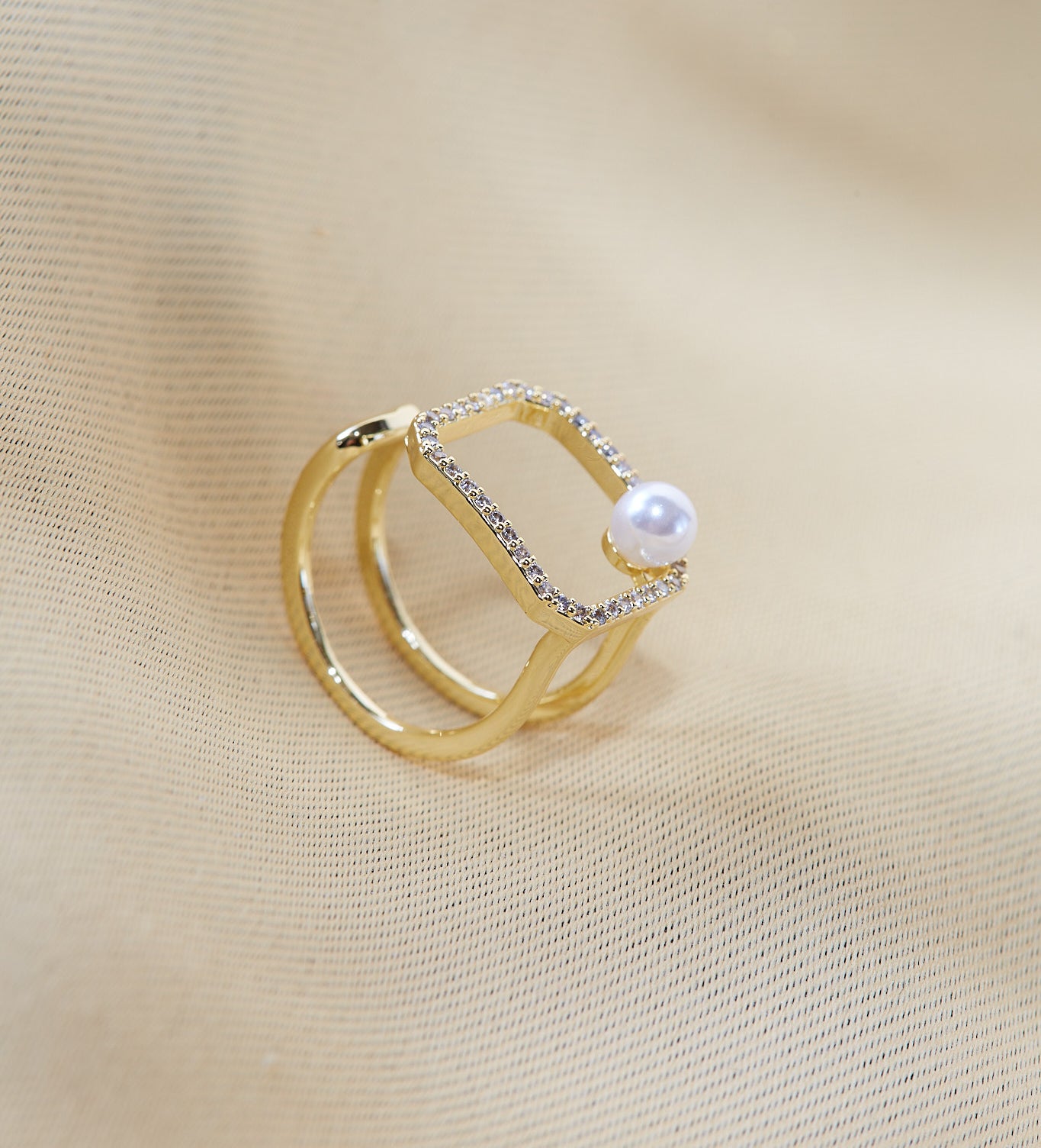 Pearl Ring Hollow Geometric Square Micro Pave Zircon Ring