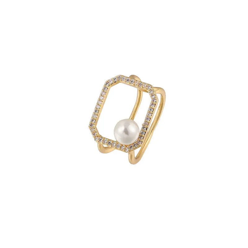 Pearl Ring Hollow Geometric Square Micro Pave Zircon Ring