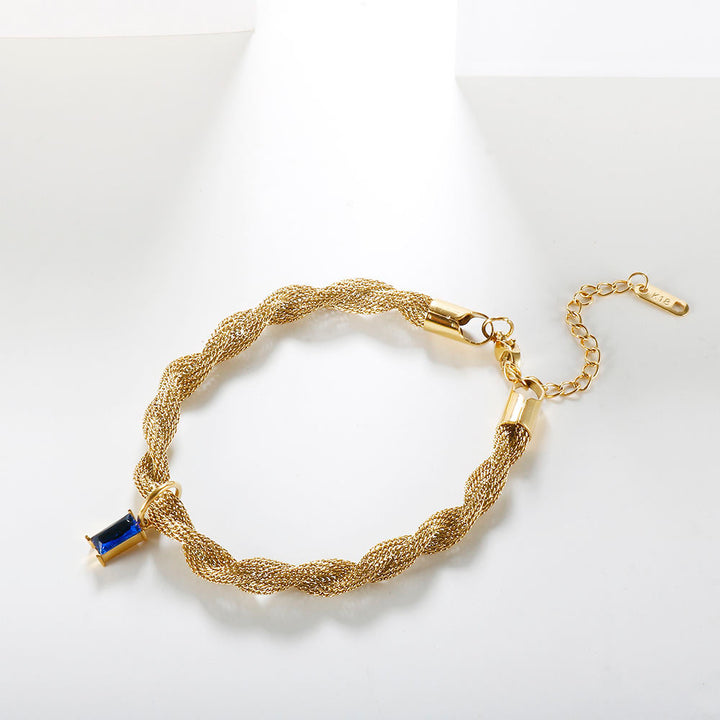 Blue Colored Baguette Cz Stone Crystal Woven Rope Bracelet